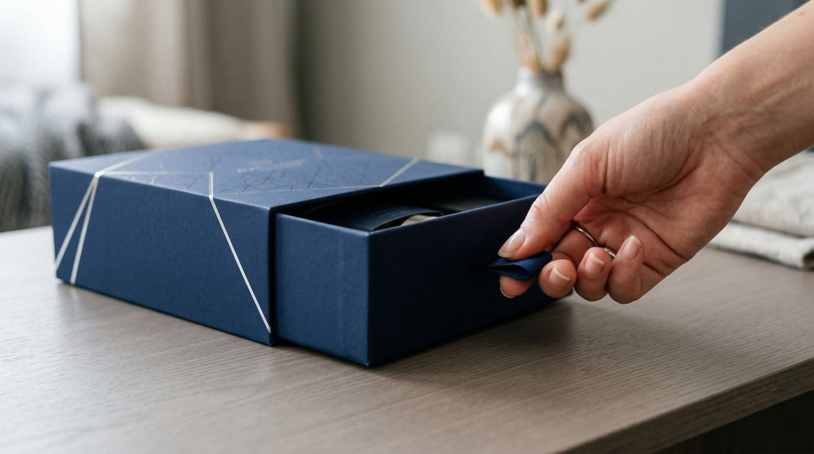 drawer rigid box sliding opening with ribbon pull in navy blue foil design