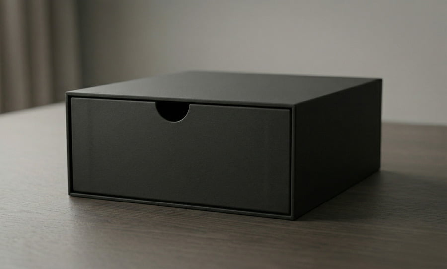 drawer rigid box thumb notch opening minimalist black packaging