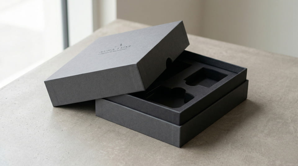 Two-piece lid and base rigid box with lift-off lid showing structure and insert