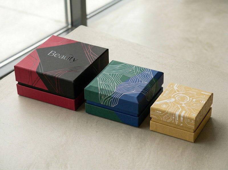 Lid and base rigid boxes showing different finishing options including matte, foil, and spot UV