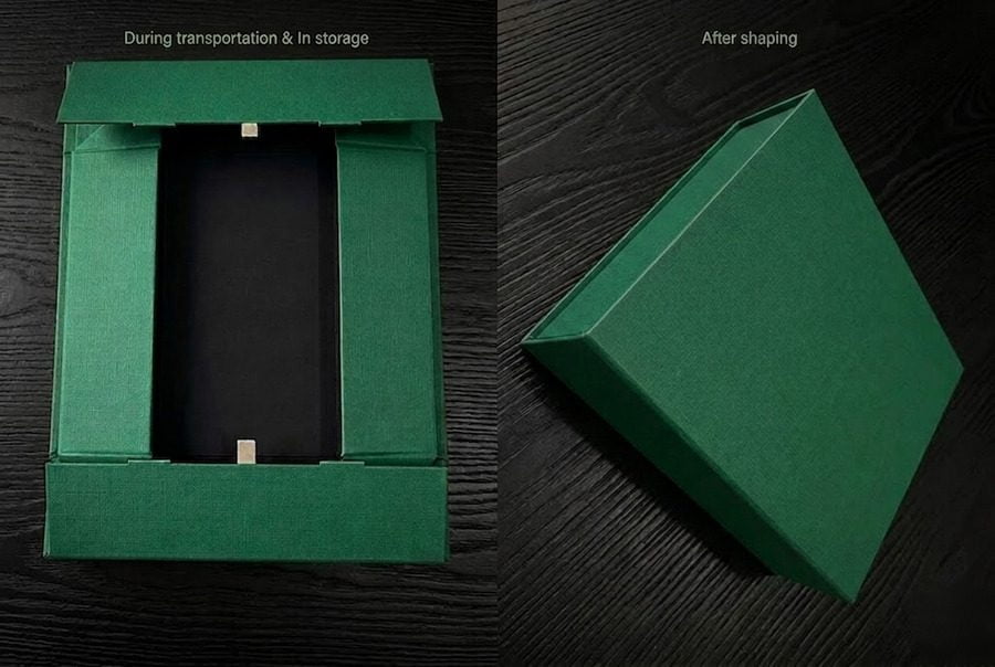 Collapsible rigid box packaging showing flat packed and assembled structure in green with black interior