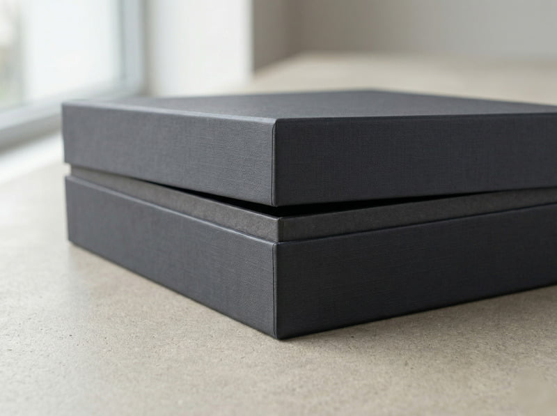 Close-up of lid and base rigid box showing precise gap and fit tolerance control