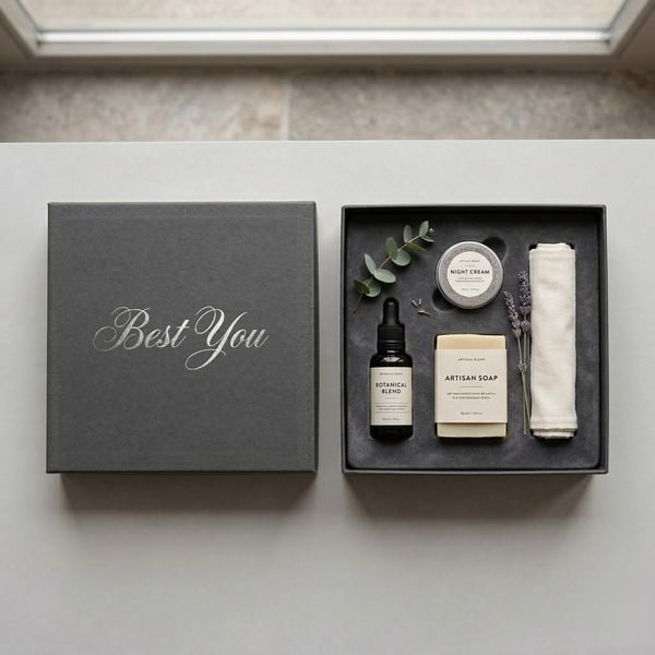 Lid and base rigid box with insert holding products for gift packaging