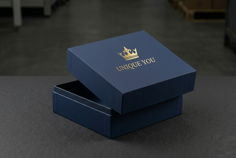 Lid and base rigid box packaging in green with gold foil stamping and embossed texture