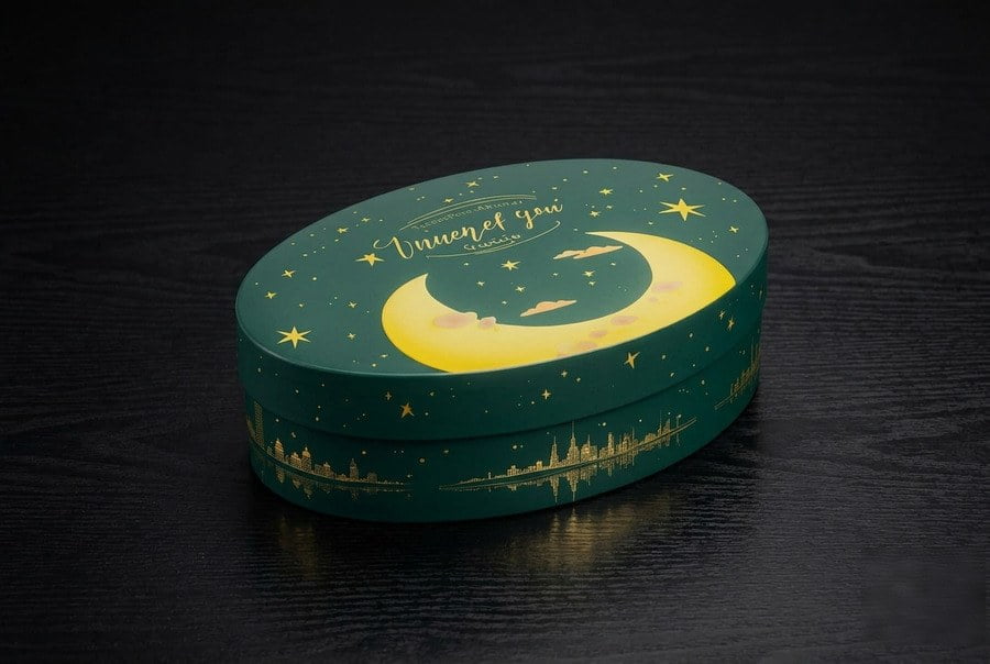 Luxury rigid gift box packaging in green with gold foil and embossed texture, special shape design