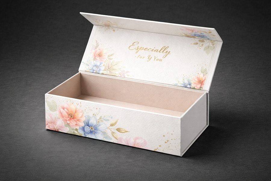 Magnetic rigid box packaging with folding lid in color printing paper and premium finish