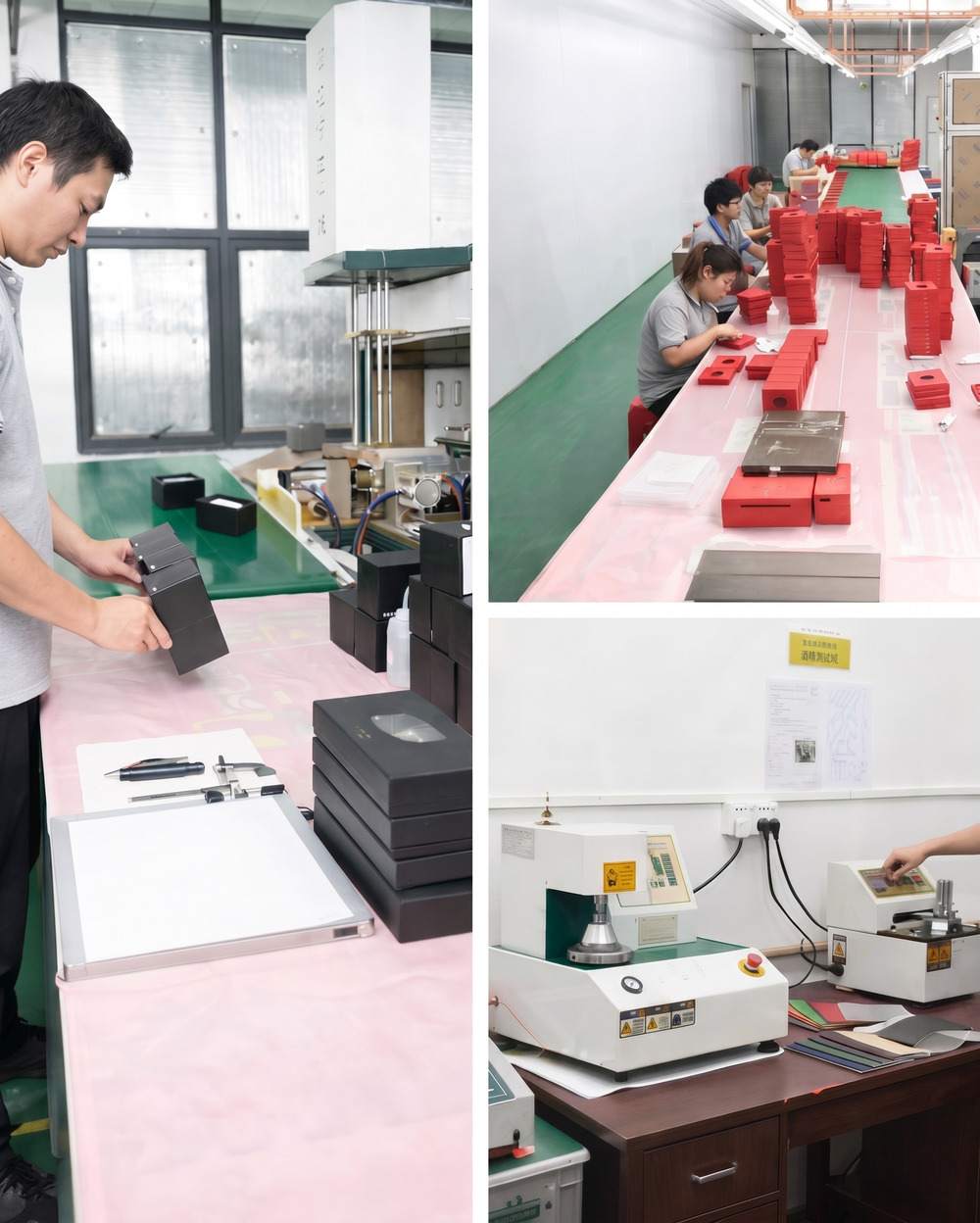 rigid box quality inspection process in packaging factory with manual checking and measurement tools