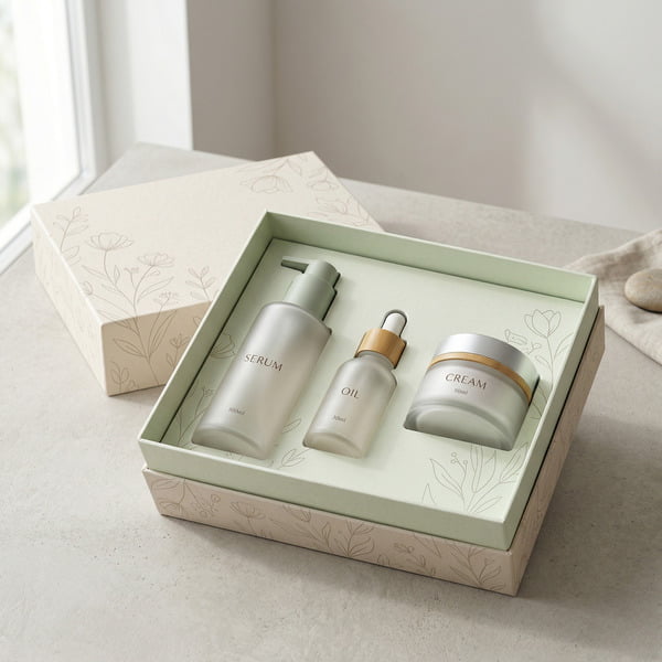 Rigid box with insert for skincare products showing organized layout