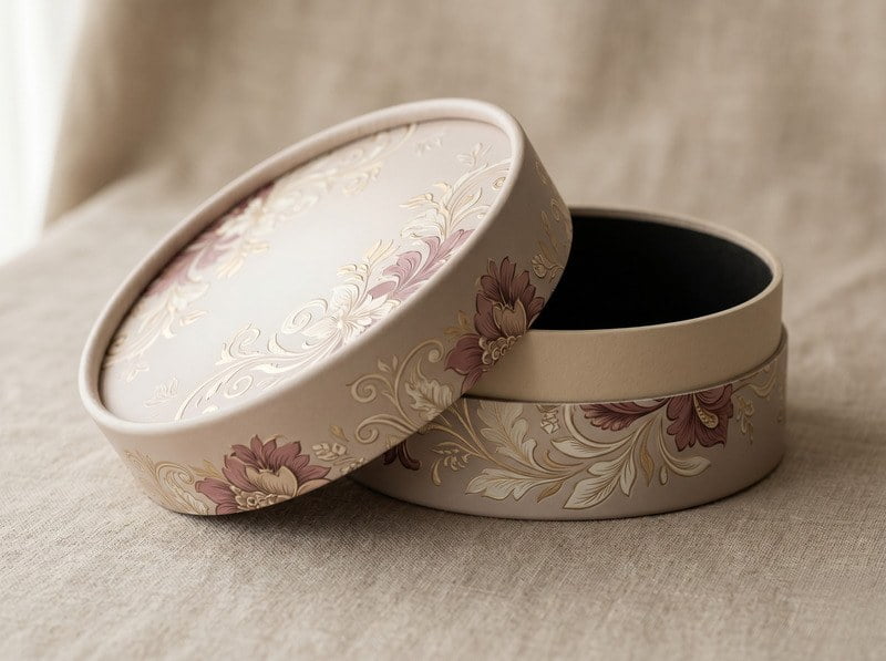 premium round rigid gift box with printed design and embossing for high-end product packaging