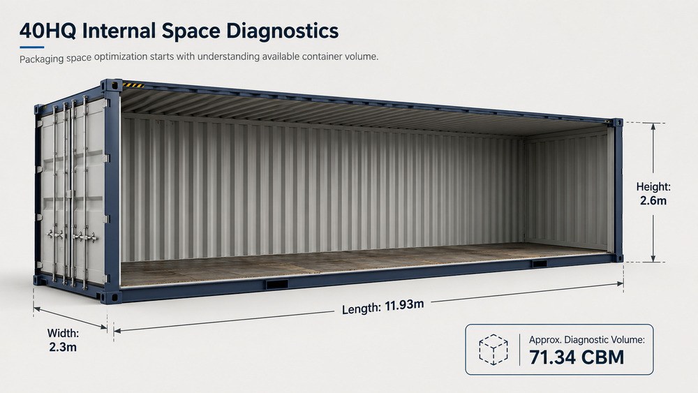 40HQ internal dimensions used as a packaging space diagnostic baseline