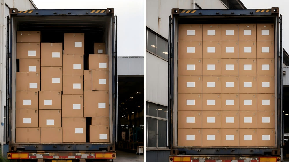 40HQ container loading comparison showing typical export carton space waste versus optimized packaging space utilization