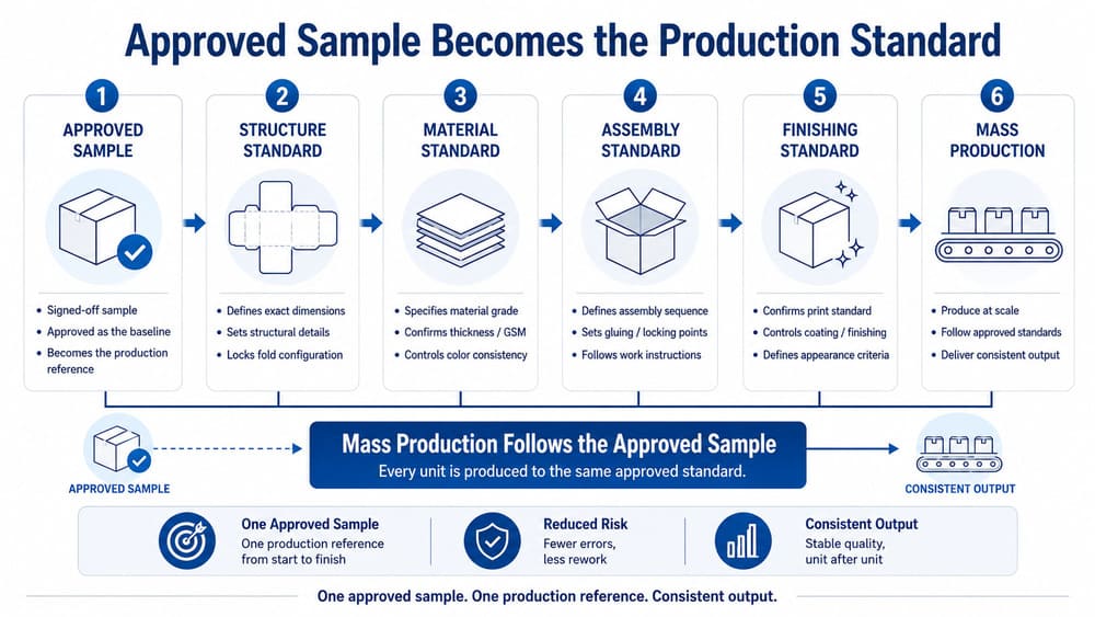Infographic showing how an approved packaging sample becomes the standard for mass production