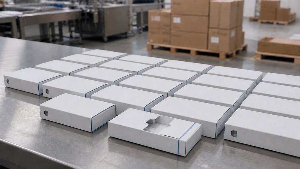 Batch of pre-assembled child-resistant-style sliding folding cartons ready for filling and shipment