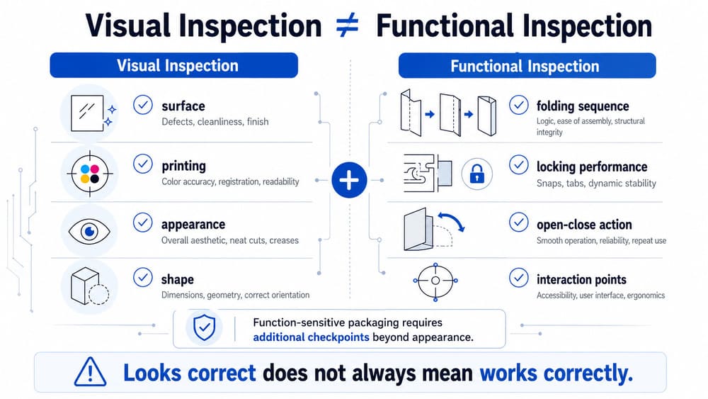 Infographic showing the difference between visual inspection and functional inspection for packaging