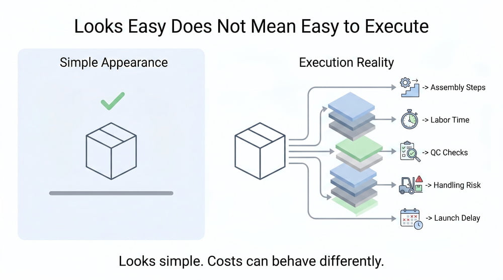 Abstract infographic showing that simple-looking packaging structures may require controlled execution
