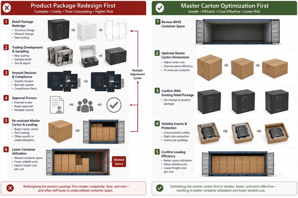 Master carton optimization improves container utilization before changing product packaging