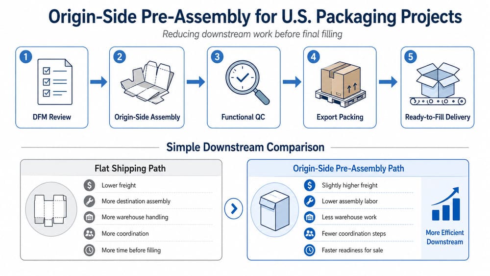 Process infographic showing how origin-side pre-assembly reduces downstream packaging work before ready-to-fill delivery