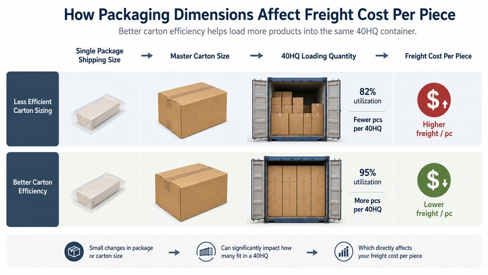 Package size and master carton size determining 40HQ loading quantity and freight cost per piece