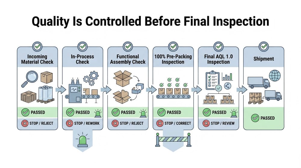 Infographic showing packaging quality control checkpoints before shipment