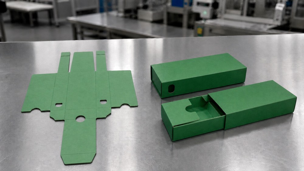 Comparison between standard folding carton and child-resistant-style sliding carton with locking mechanism
