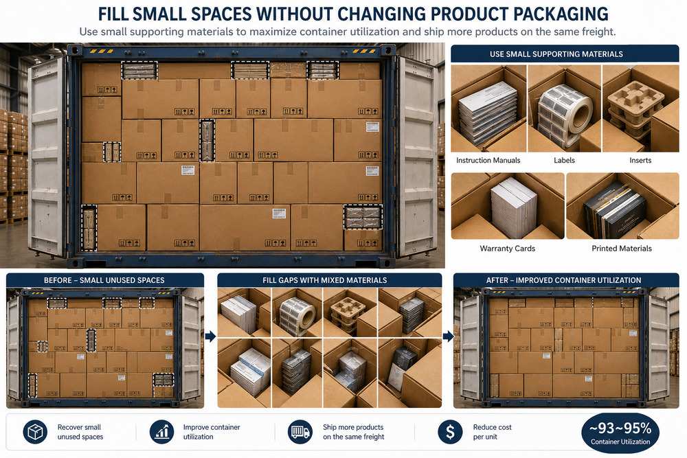 Strategic mixed loading using manuals labels inserts and printed materials to improve container utilization