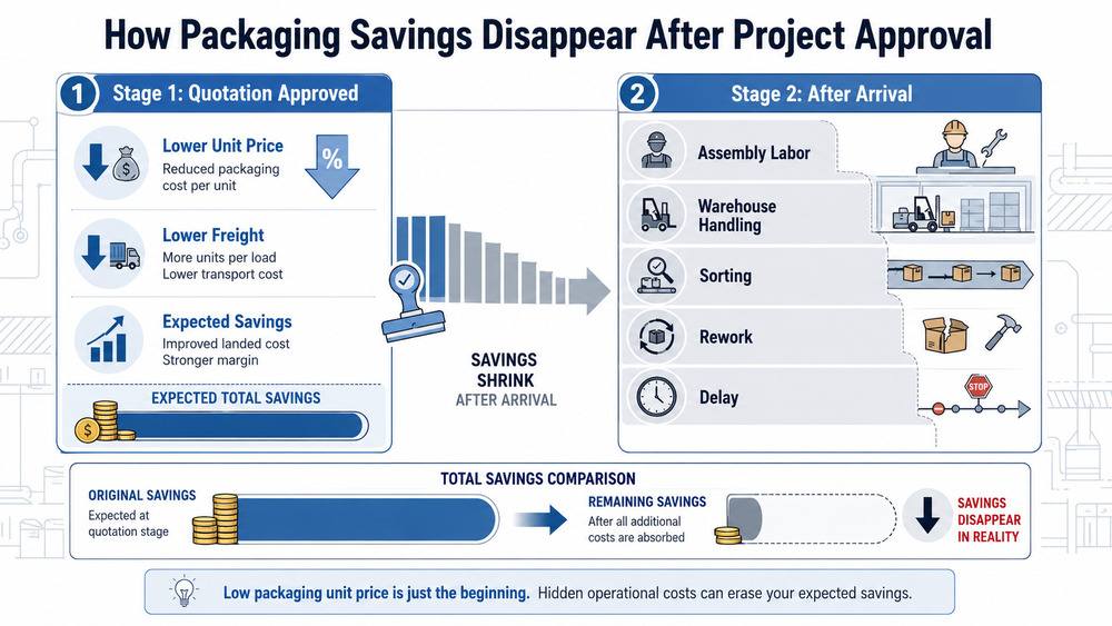 Infographic showing how expected packaging savings disappear because of downstream operation cost