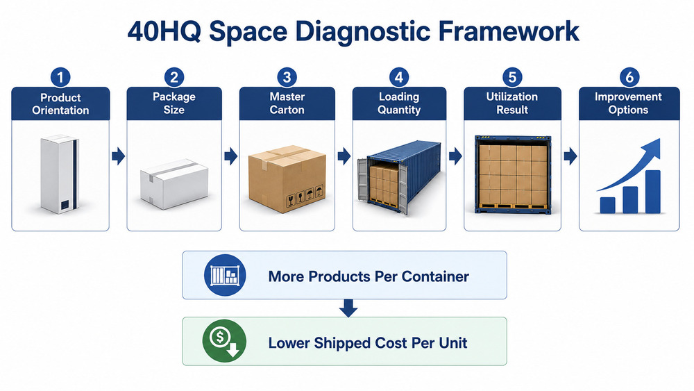 40HQ space diagnostic framework reviewing package size master carton loading quantity utilization and improvement opportunities