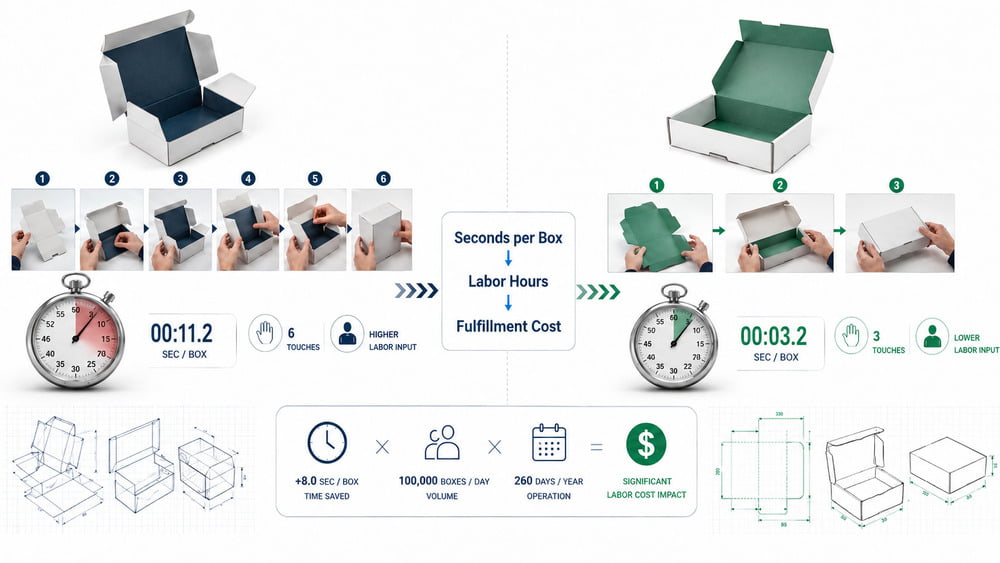 Packaging assembly time analysis showing how seconds per box affect fulfillment labor cost