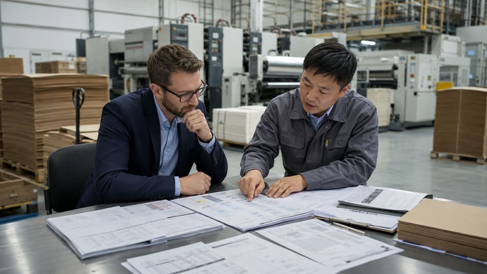 Procurement team reviewing packaging supplier evidence before production approval