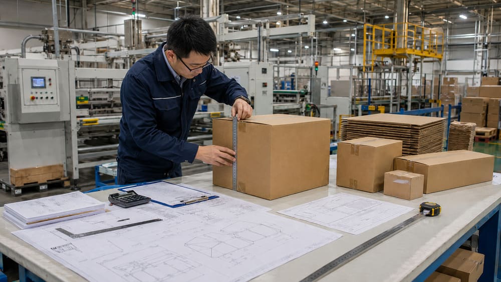 Packaging engineer reviewing master carton dimensions for CBM analysis