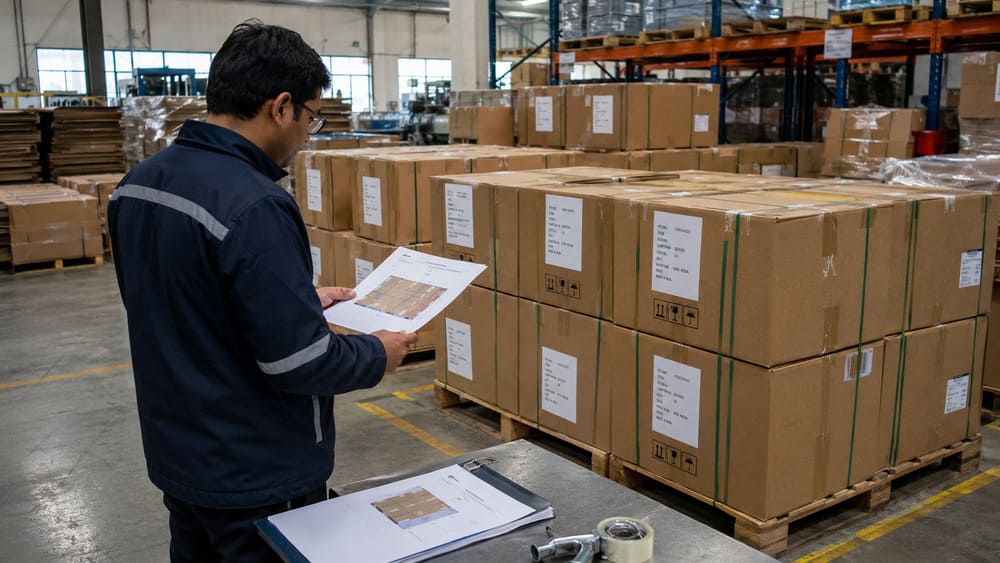 Master cartons arranged for container loading efficiency evaluation in export packaging planning