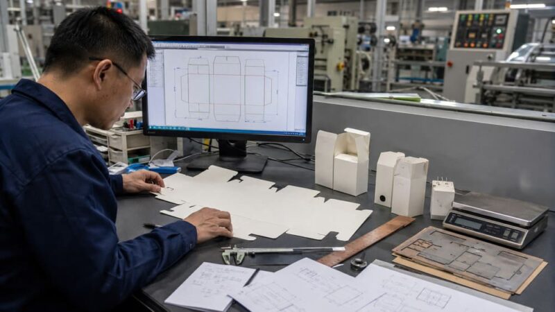 Packaging engineer reviewing CAD dieline and physical sample during DFM packaging feasibility review