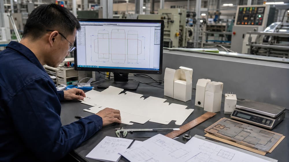 Packaging engineer reviewing CAD dieline and physical sample during DFM packaging feasibility review