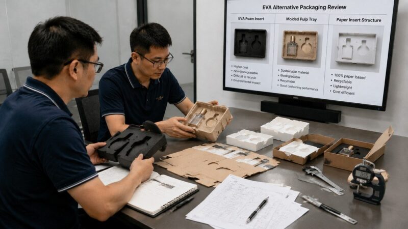Packaging engineers validating molded pulp and paper inserts as EVA foam alternative packaging solutions