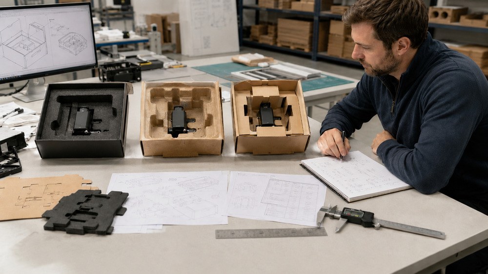Packaging engineer reviewing EVA foam replacement with molded pulp and paper insert protection structures
