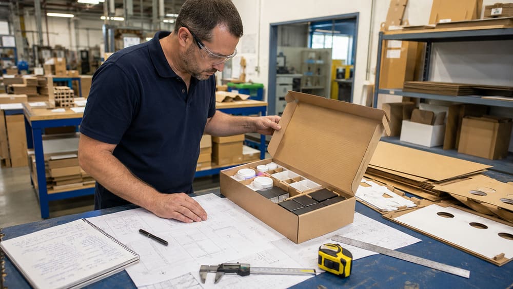 Packaging engineers reviewing master carton design and product arrangement before mass production