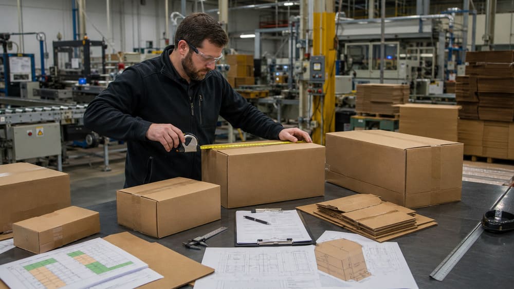 Packaging engineer reviewing existing master carton dimensions for optimization analysis