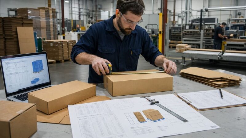 Packaging engineer evaluating master carton dimensions for freight efficiency improvement