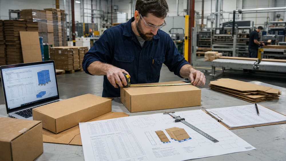Packaging engineer evaluating master carton dimensions for freight efficiency improvement