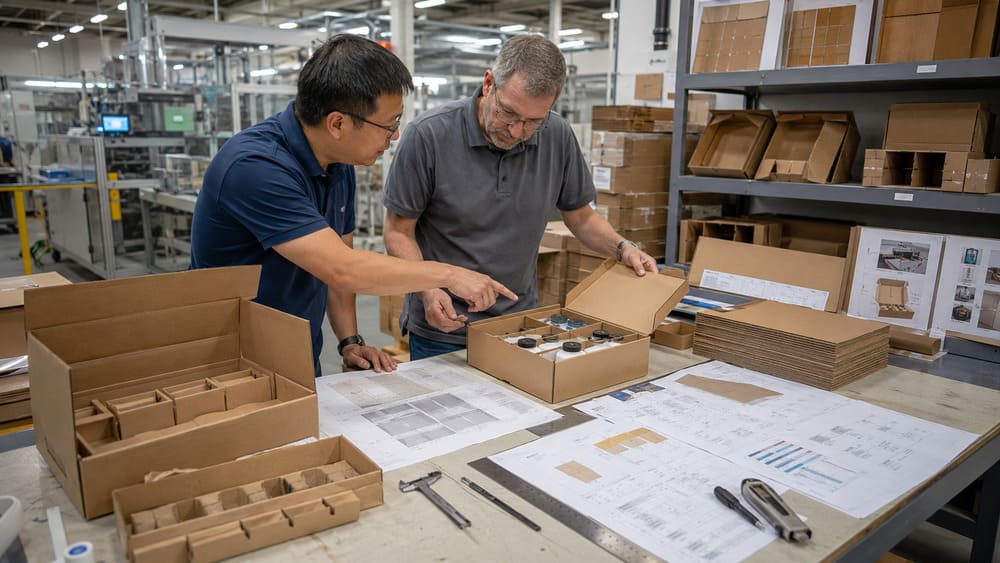 Packaging engineers reviewing optimized master carton design for supply chain efficiency