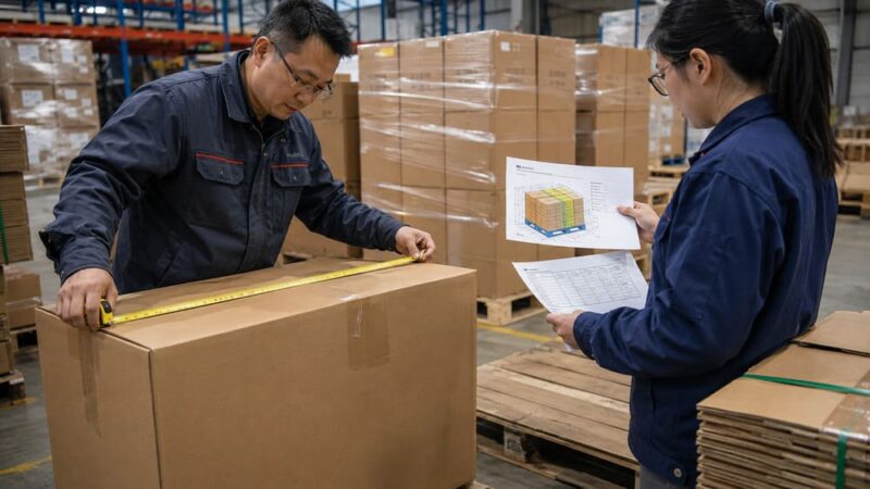 Packaging engineers reviewing master carton dimensions, pallet arrangement, and loading efficiency to reduce freight cost
