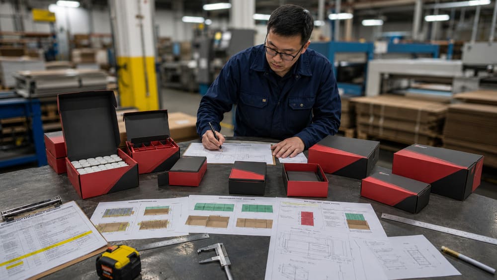 Packaging engineer analyzing master carton configuration and product arrangement