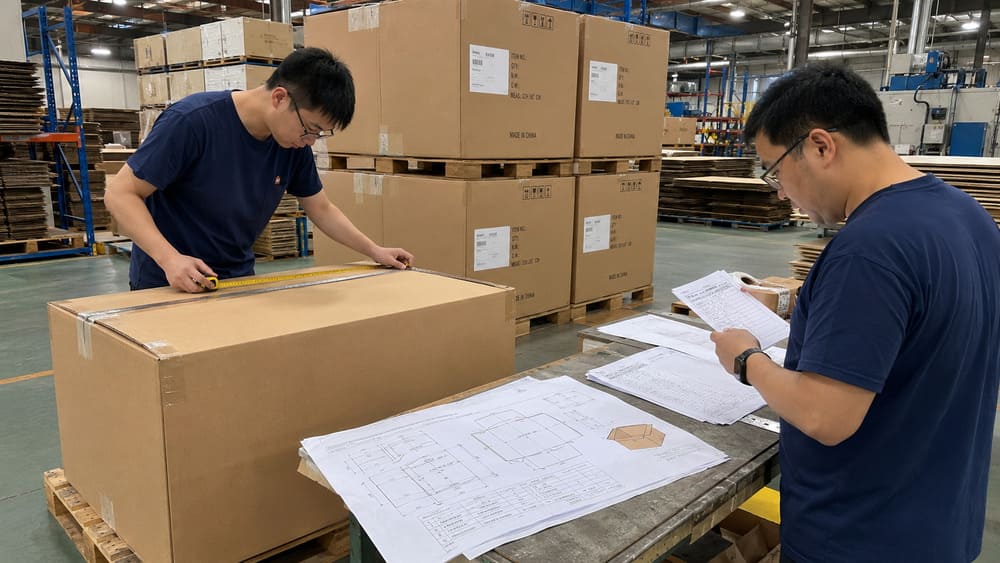 Packaging engineers reviewing master carton dimensions to improve freight cost and shipping efficiency