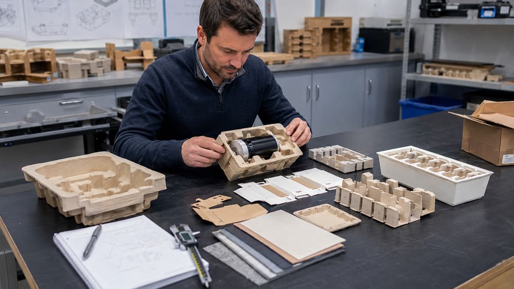 Packaging engineer evaluating molded pulp trays and paper inserts for plastic-free packaging solutions