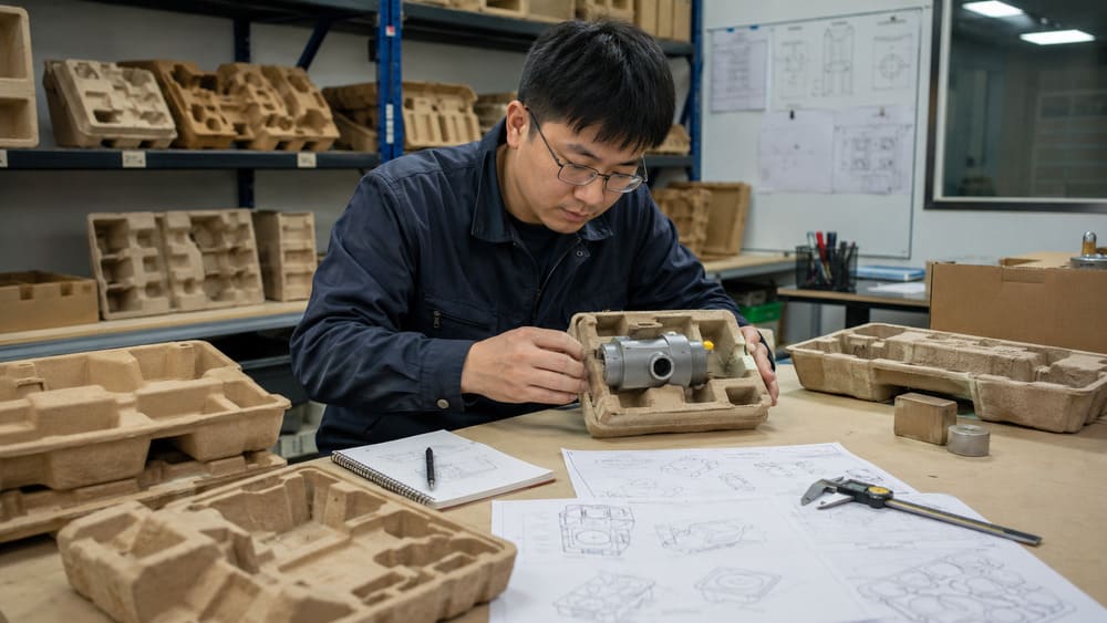 Packaging engineer reviewing molded pulp tray structural protection design for plastic-free packaging