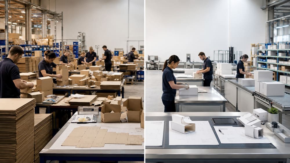 Packaging assembly cost comparison showing how box structure affects fulfillment labor efficiency