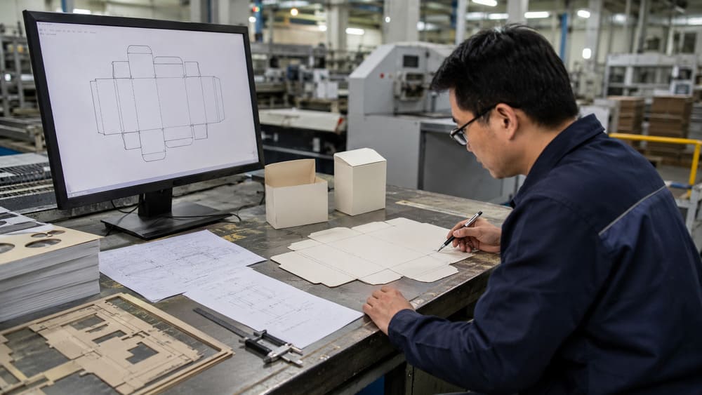 Packaging DFM engineering review comparing CAD design and physical prototype before production
