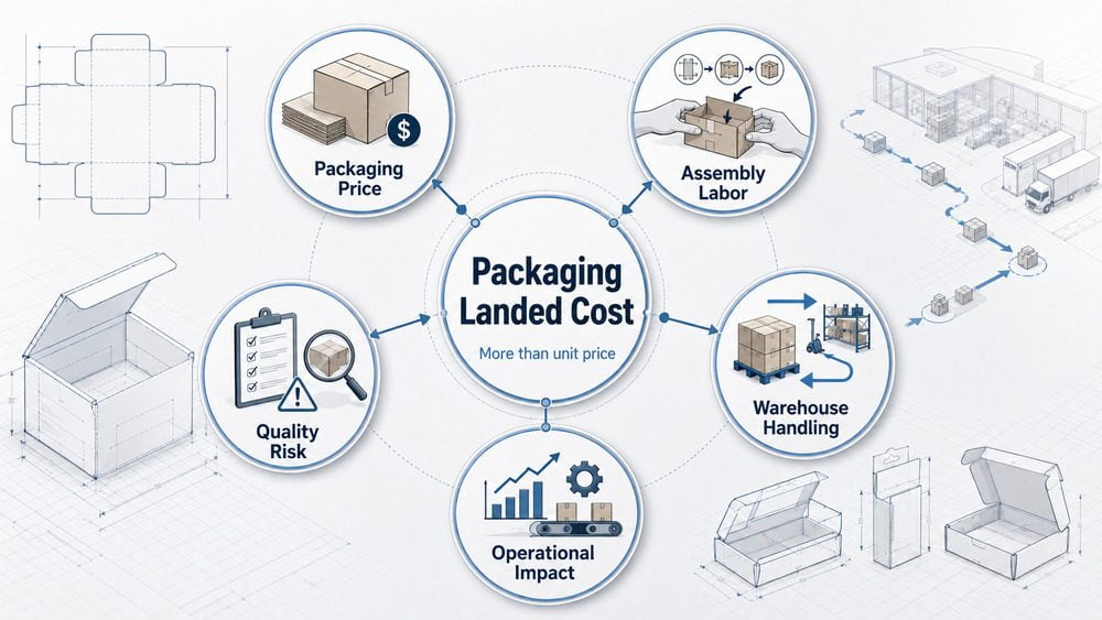 Packaging landed cost framework showing how price, labor, handling, and operational factors affect total packaging cost