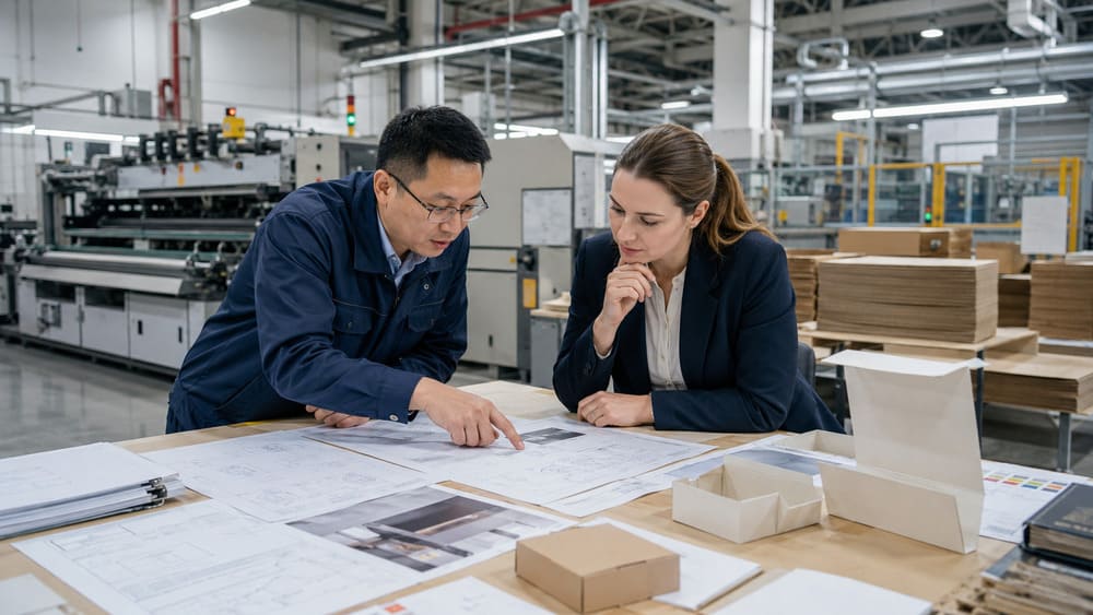 Packaging engineer reviewing production workflow and manufacturing capability with buyer