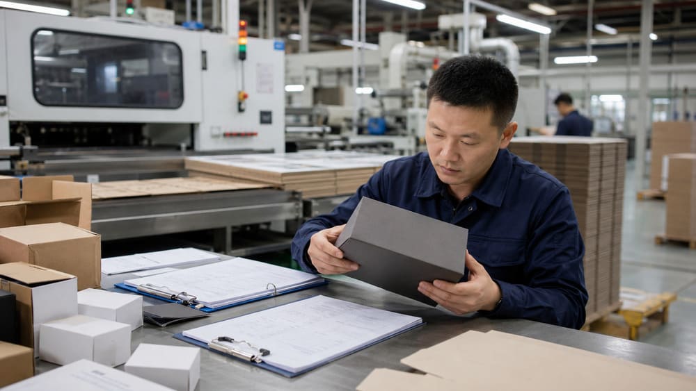 Packaging quality control engineer checking inspection records and finished packaging products